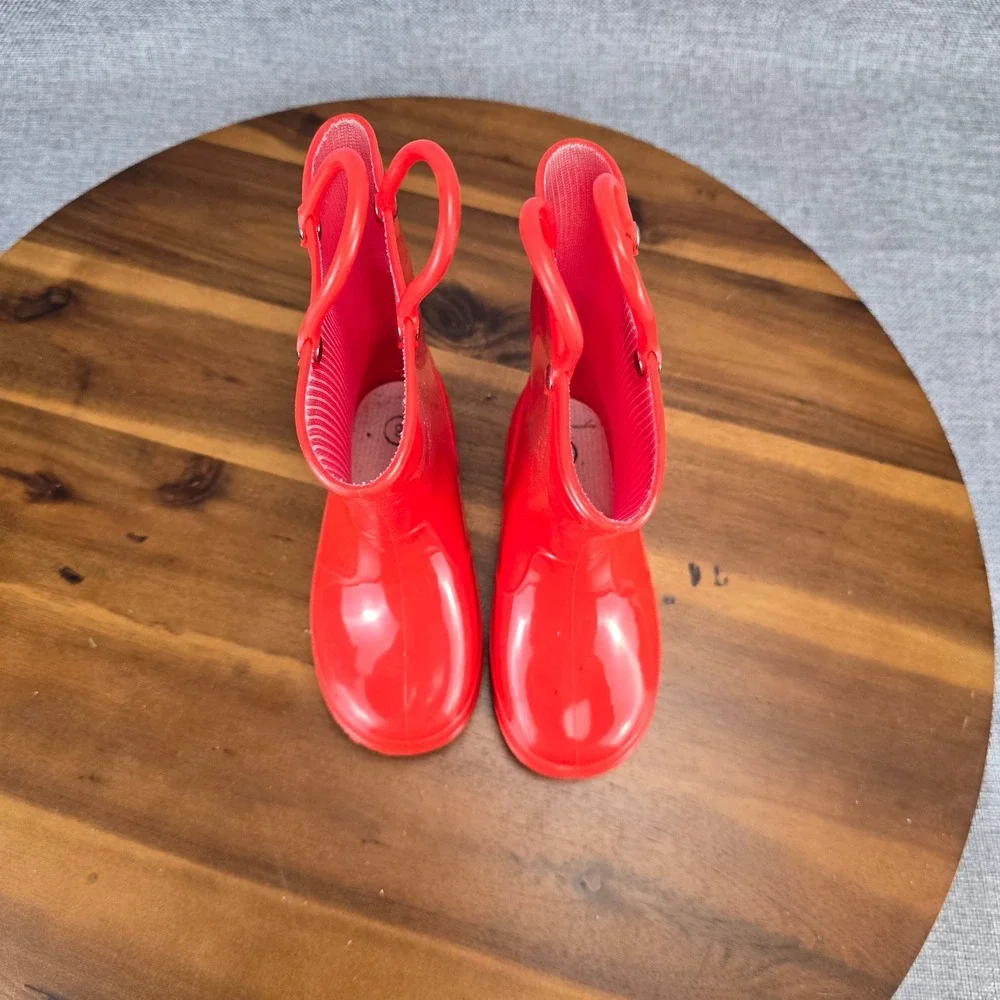 Red Toddler Rain Boots Size 8 Waterproof Pull On Handles Glossy Rubber Boots - Picture 4 of 13